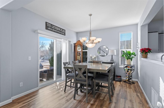 dining room with an inviting chandelier, a healthy amount of sunlight, and hardwood / wood-style flooring