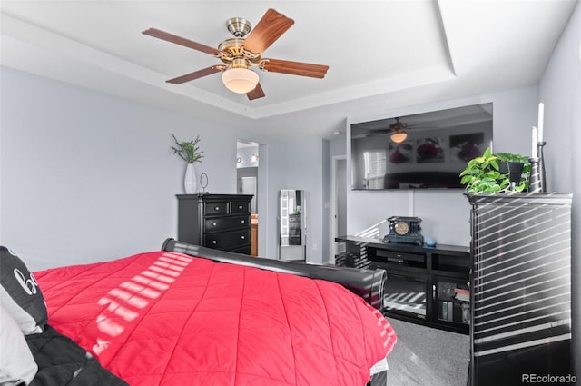 bedroom with a raised ceiling, ceiling fan, and carpet