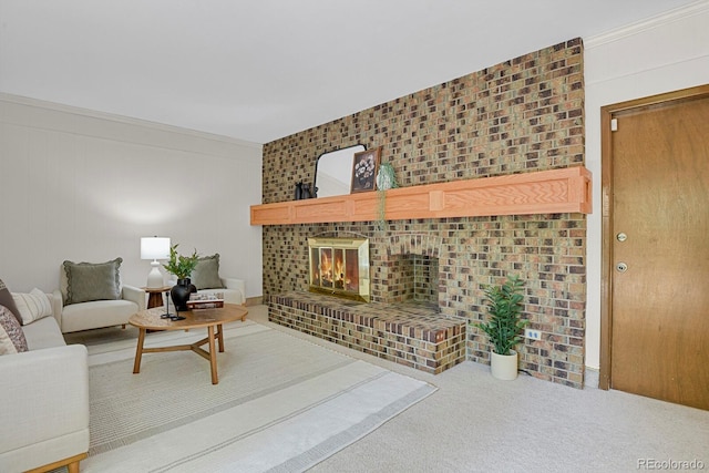 8277 Teller Ct, Arvada, CO 80003 - living area featuring a fireplace, carpet, and ornamental molding
