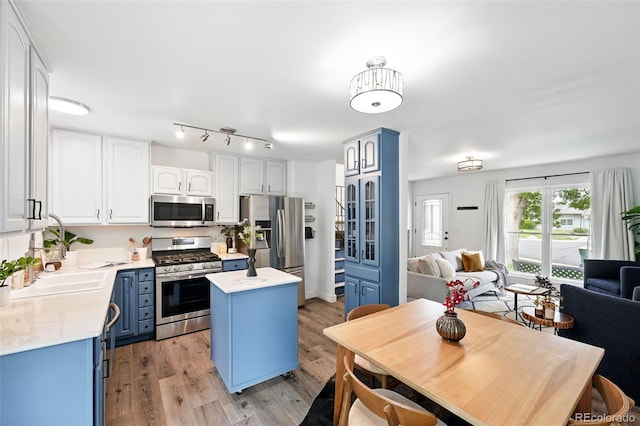 9315 Field Ln, Westminster, CO 80021 - kitchen with appliances with stainless steel finishes, blue cabinetry, open floor plan, and light countertops