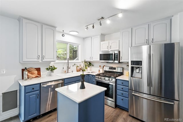 9315 Field Ln, Westminster, CO 80021 - kitchen featuring appliances with stainless steel finishes, blue cabinets, a sink, and white cabinets