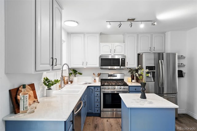 9315 Field Ln, Westminster, CO 80021 - kitchen with appliances with stainless steel finishes, a sink, blue cabinets, and wood finished floors