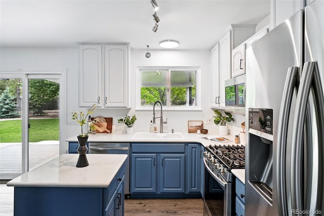 9315 Field Ln, Westminster, CO 80021 - kitchen featuring appliances with stainless steel finishes, blue cabinets, a sink, and plenty of natural light