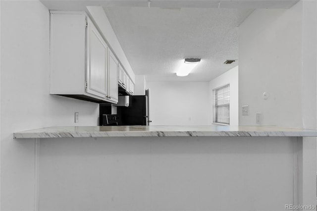 7185 S Gaylord St Unit G13, Littleton, CO 80122 - kitchen with white cabinets, freestanding refrigerator, a textured ceiling, a peninsula, and light stone counters