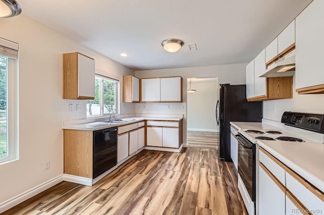 5120 Perth St, Denver, CO 80249 - kitchen with range with electric cooktop, black dishwasher, under cabinet range hood, light wood-style flooring, and recessed lighting