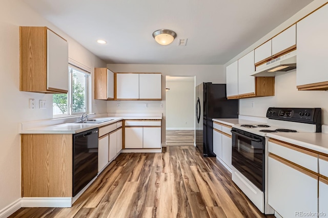 5120 Perth St, Denver, CO 80249 - kitchen featuring under cabinet range hood, black appliances, a sink, light countertops, and light wood-style floors