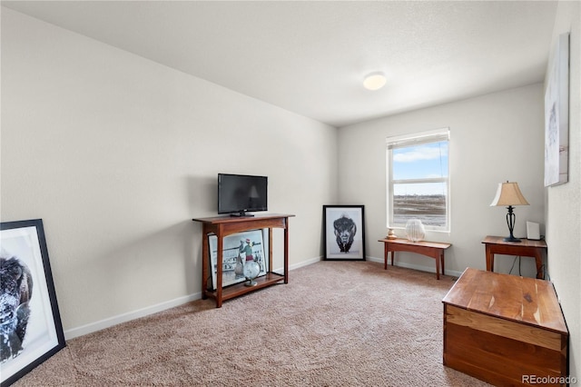 living area featuring light carpet