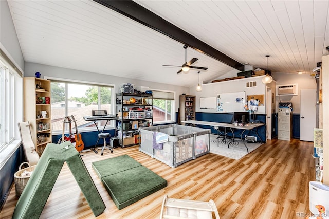 4645 W Temple Pl, Denver, CO 80236 - living area with a wall mounted AC, wood finished floors, a ceiling fan, and wooden ceiling
