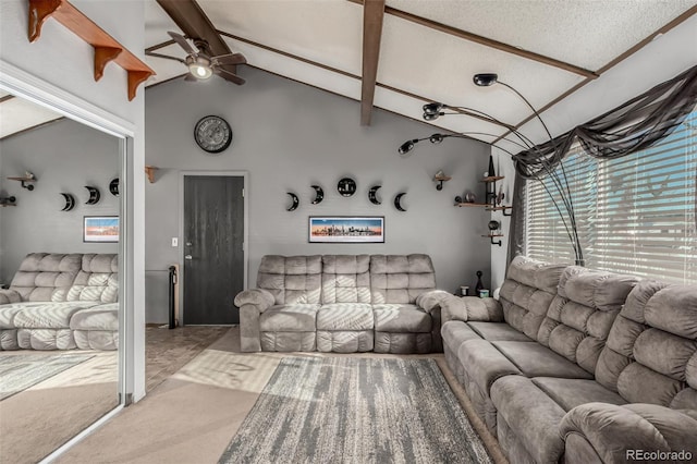 living area featuring carpet floors, vaulted ceiling with beams, and a ceiling fan