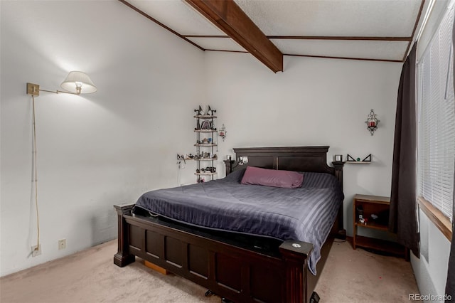 carpeted bedroom featuring vaulted ceiling with beams