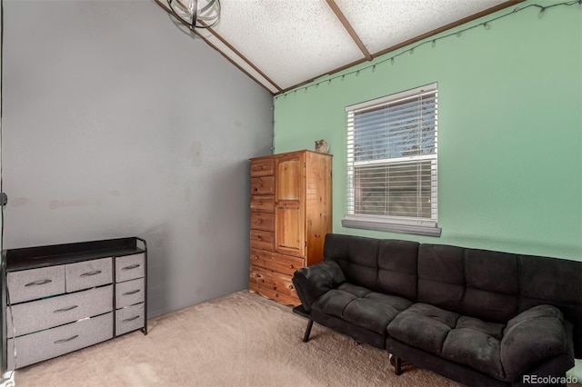 interior space featuring carpet flooring, vaulted ceiling, and a textured ceiling