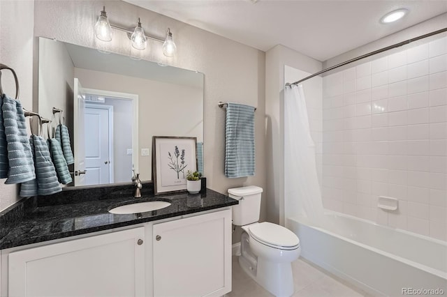 full bathroom with shower / tub combo with curtain, vanity, toilet, and tile patterned floors