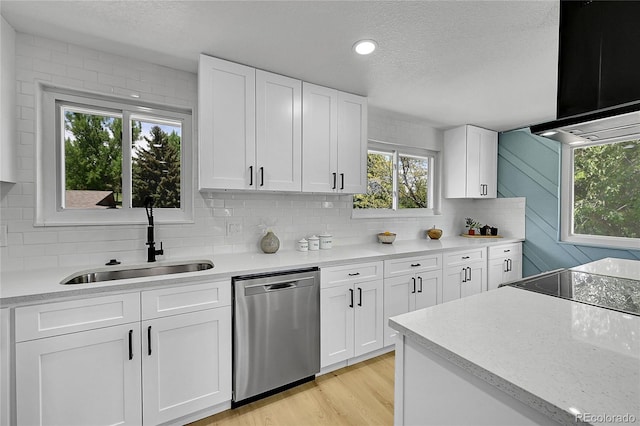 1173 Xenon St, Golden, CO 80401 - kitchen with dishwasher, a sink, ventilation hood, backsplash, and white cabinets