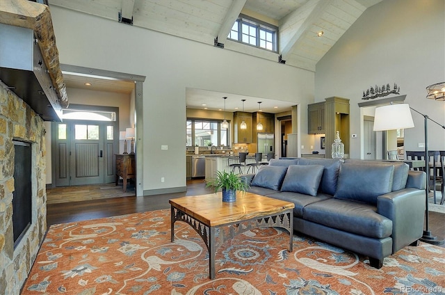117 River Run Ct, Buena Vista, CO 81211 - living area featuring dark wood-style flooring, high vaulted ceiling, and beam ceiling