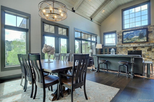117 River Run Ct, Buena Vista, CO 81211 - dining area with high vaulted ceiling, wood-type flooring, plenty of natural light, a chandelier, and wood ceiling with exposed beams