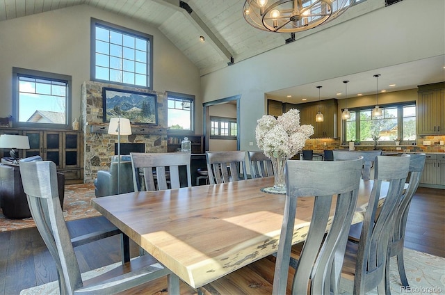 117 River Run Ct, Buena Vista, CO 81211 - dining room featuring high vaulted ceiling, wood-type flooring, and a chandelier