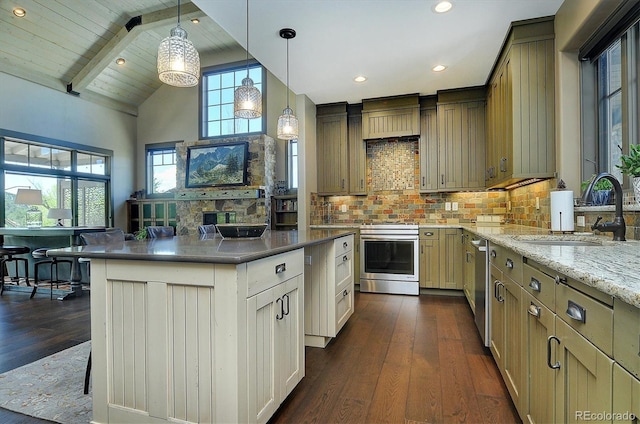 117 River Run Ct, Buena Vista, CO 81211 - kitchen featuring appliances with stainless steel finishes, a sink, dark wood finished floors, decorative backsplash, and pendant lighting