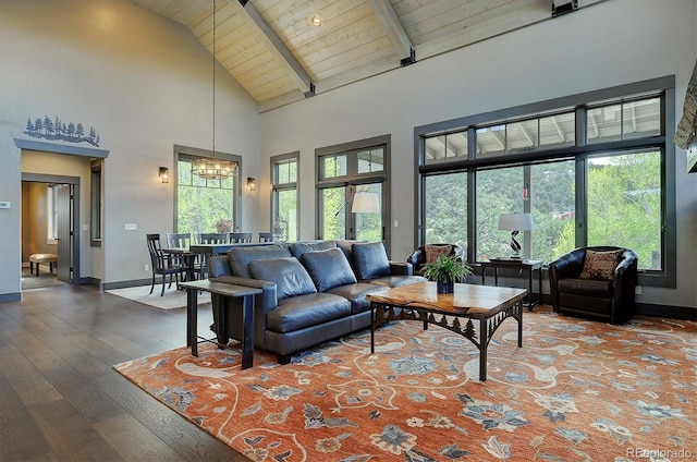117 River Run Ct, Buena Vista, CO 81211 - living room featuring high vaulted ceiling, wood ceiling with exposed beams, a chandelier, plenty of natural light, and baseboards