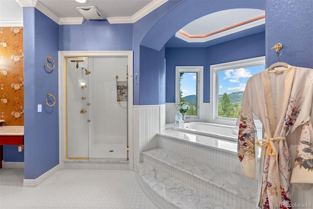11406 Conifer Ridge Dr, Conifer, CO 80433 - full bath with a shower stall, crown molding, a bath, and baseboards