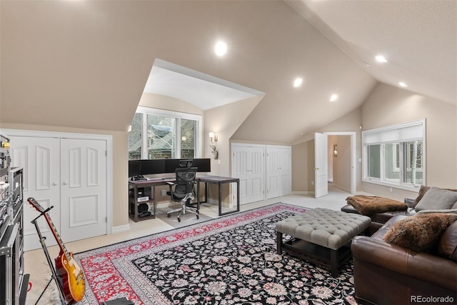 11406 Conifer Ridge Dr, Conifer, CO 80433 - living room featuring a desk, lofted ceiling, recessed lighting, carpet flooring, and baseboards
