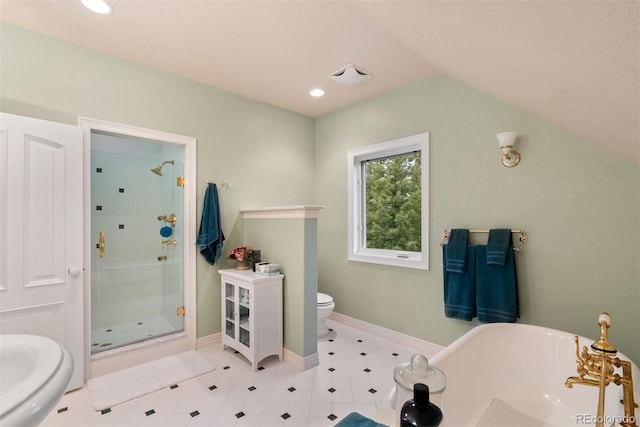 11406 Conifer Ridge Dr, Conifer, CO 80433 - full bath featuring a shower stall, a soaking tub, lofted ceiling, toilet, and baseboards