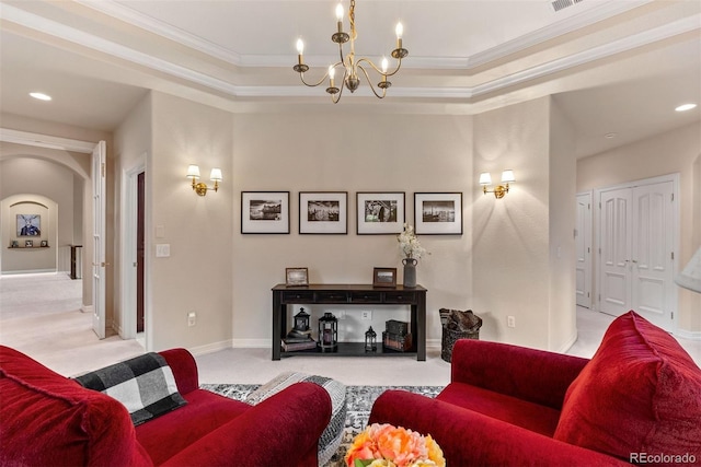 11406 Conifer Ridge Dr, Conifer, CO 80433 - living area featuring light carpet, a chandelier, crown molding, arched walkways, and baseboards