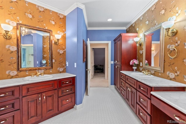 11406 Conifer Ridge Dr, Conifer, CO 80433 - full bath with ornamental molding, two vanities, wallpapered walls, and baseboards