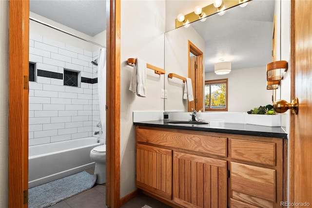 full bathroom with shower / bath combination with curtain, tile patterned floors, toilet, and vanity