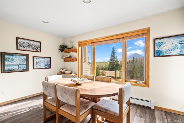 dining area with hardwood / wood-style flooring, a baseboard radiator, and a mountain view