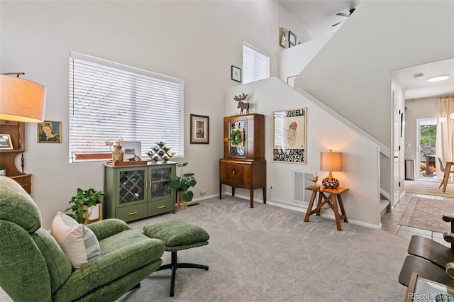 3618 Boot Spur Ct, Colorado Springs, CO 80922 - living area with carpet floors, baseboards, and a towering ceiling