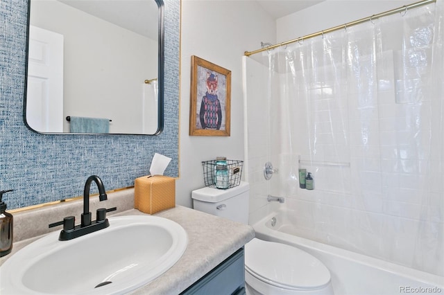 3618 Boot Spur Ct, Colorado Springs, CO 80922 - full bath featuring shower / bath combo with shower curtain, toilet, vanity, and backsplash