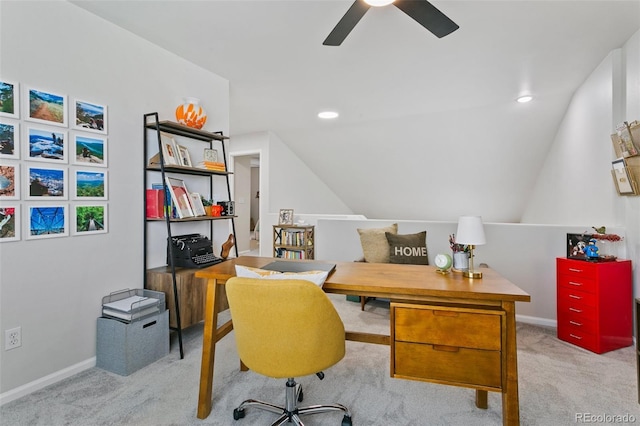 3618 Boot Spur Ct, Colorado Springs, CO 80922 - carpeted office with a ceiling fan, baseboards, vaulted ceiling, and recessed lighting
