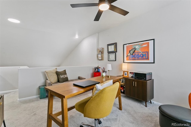 3618 Boot Spur Ct, Colorado Springs, CO 80922 - office space featuring ceiling fan, light colored carpet, vaulted ceiling, and baseboards