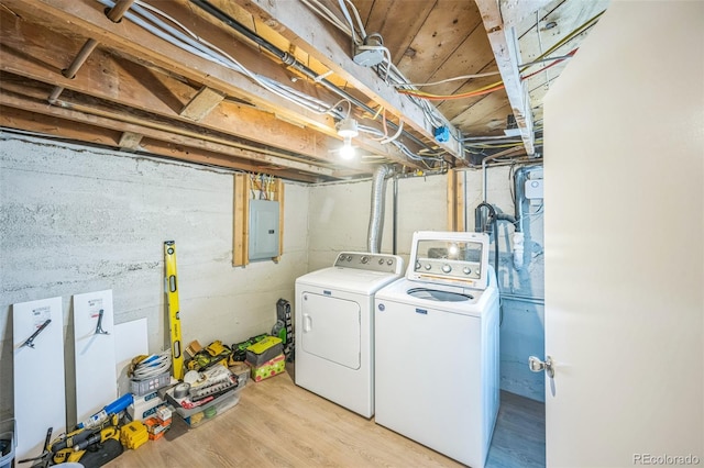 7340 W 32nd Ave, Wheat Ridge, CO 80033 - washroom featuring washer and clothes dryer, electric panel, and light wood-style floors