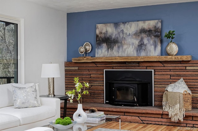 living room featuring a fireplace and wood finished floors