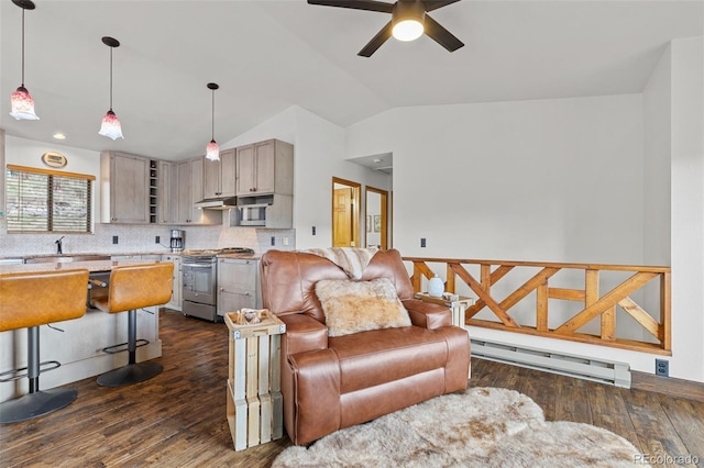 31214 Evans View Ln, Pine, CO 80470 - living area featuring a baseboard radiator, ceiling fan, vaulted ceiling, and dark wood finished floors