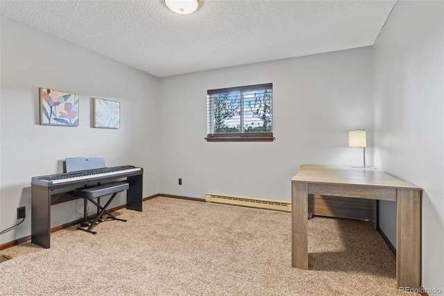 office space featuring baseboards, a baseboard radiator, carpet, and a textured ceiling