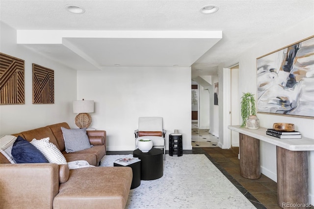 living room featuring baseboards and a textured ceiling