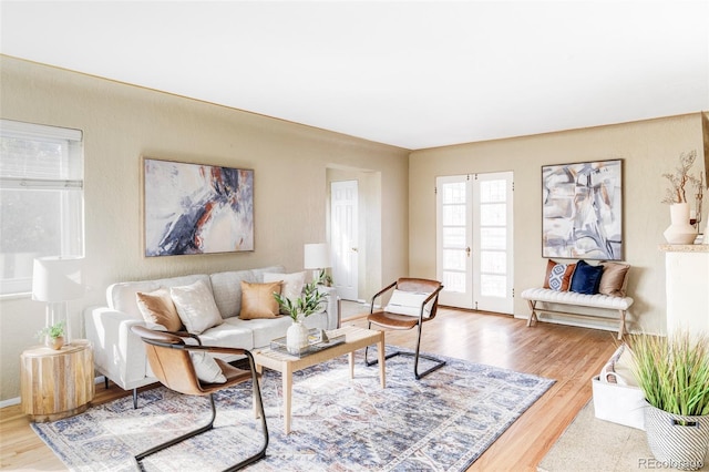 living room with wood finished floors and french doors