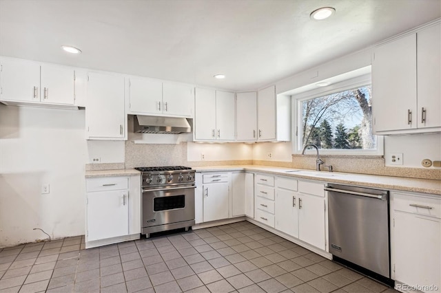 kitchen featuring sink, white cabinets, stainless steel appliances, and extractor fan