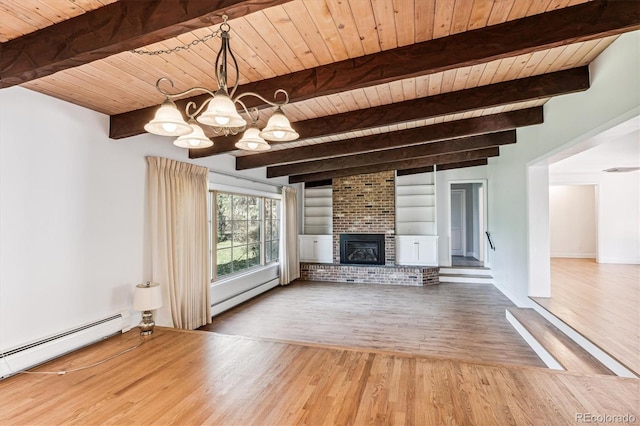 unfurnished living room featuring wood ceiling, baseboard heating, hardwood / wood-style floors, a brick fireplace, and a chandelier