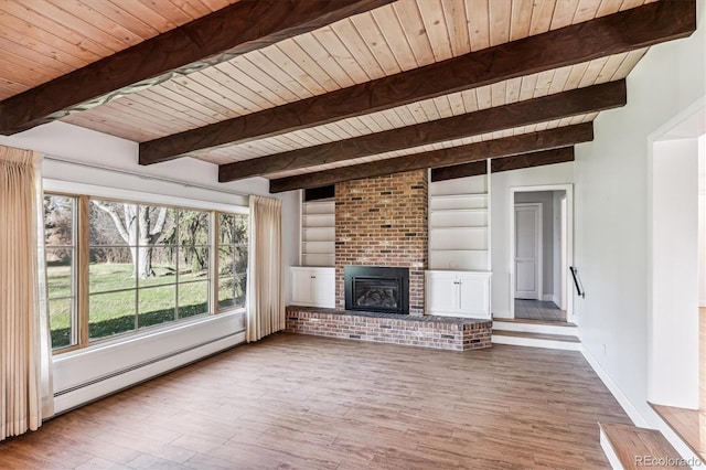 unfurnished living room featuring wood ceiling, hardwood / wood-style flooring, and a brick fireplace