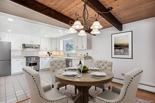 dining space with beam ceiling, a chandelier, wooden ceiling, and light tile patterned floors