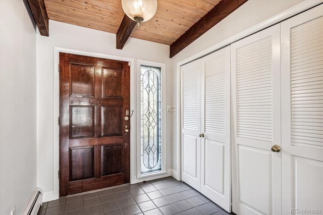 tiled foyer entrance with beam ceiling, wooden ceiling, and a baseboard radiator