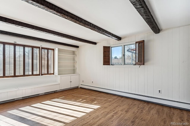 spare room featuring hardwood / wood-style flooring, beamed ceiling, a baseboard heating unit, and wood walls