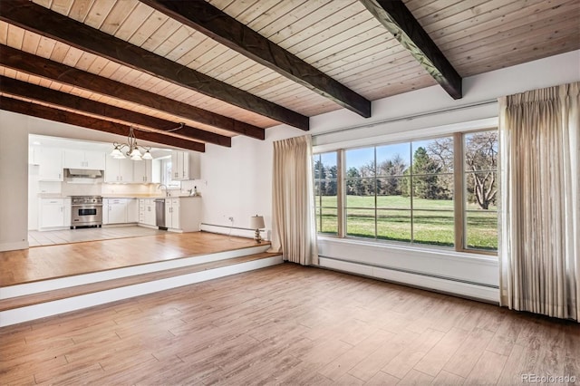 unfurnished living room featuring light hardwood / wood-style flooring, baseboard heating, and beamed ceiling