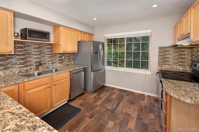 980 Lakepoint Dr Unit 1, Frisco, CO 80443 - kitchen featuring appliances with stainless steel finishes, under cabinet range hood, dark wood finished floors, backsplash, and light brown cabinets