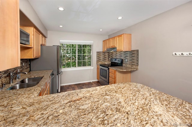 980 Lakepoint Dr Unit 1, Frisco, CO 80443 - kitchen featuring appliances with stainless steel finishes, light brown cabinets, under cabinet range hood, dark wood finished floors, and decorative backsplash