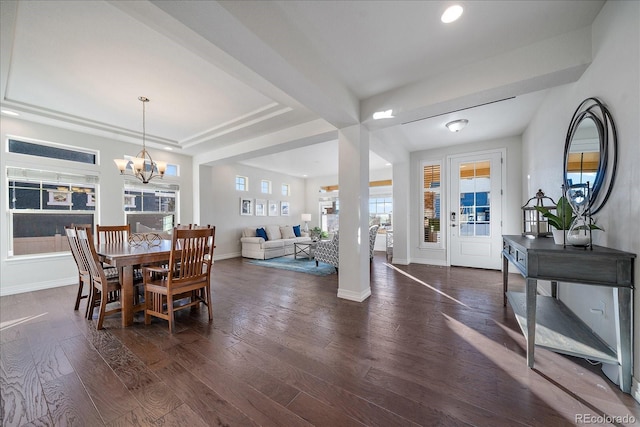 315 Painted Horse Way, Erie, CO 80516 - dining area with dark wood-type flooring, a chandelier, baseboards, and recessed lighting