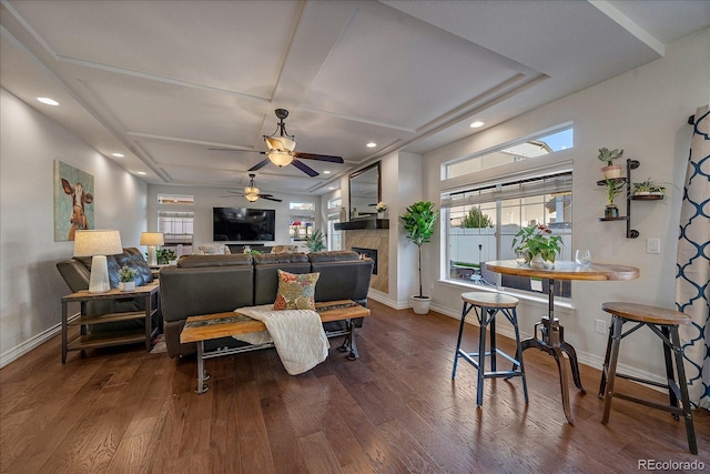 315 Painted Horse Way, Erie, CO 80516 - living area with plenty of natural light, baseboards, coffered ceiling, wood finished floors, and recessed lighting
